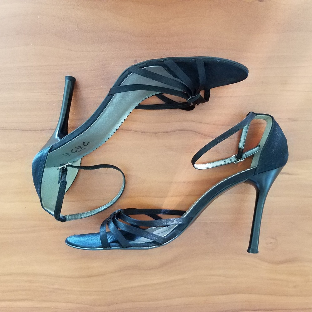 BCBG Paris Black Ankle Strap Satiny Heels 11B 41
